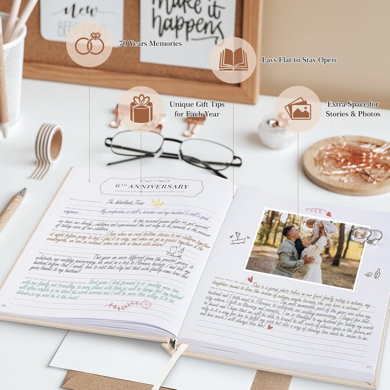 Lanpn Wedding Anniversary Journal Book, Linen Dating 1st to 70th Couple Memory Book Wedding Scrapbook, 190 Pages Love Stories Notebook Newlywed Marriage Anniversary Bridal Shower Gift, Beige - Image 4